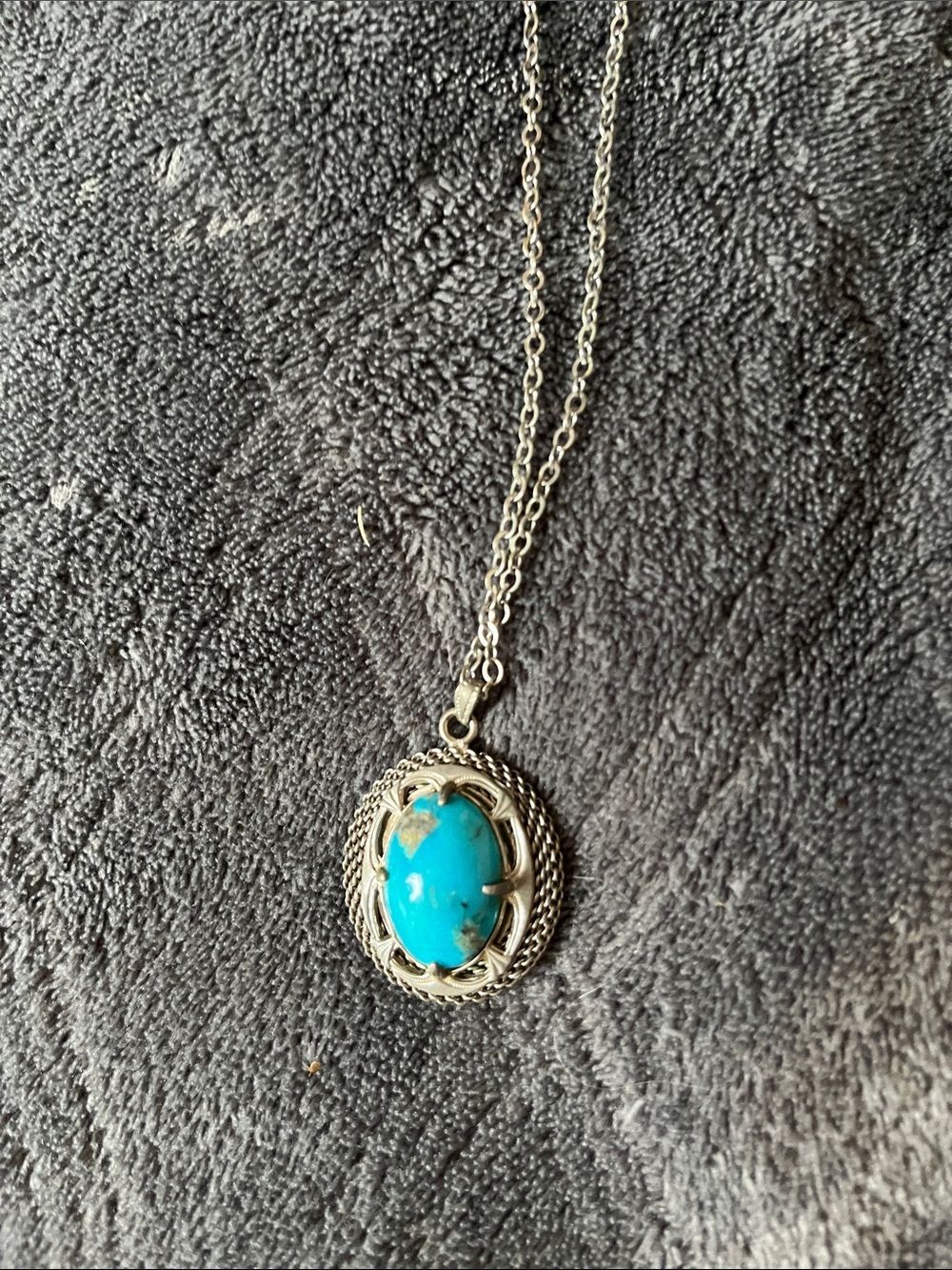Turquoise Cabochon Silver Pendant Necklace - Blue
